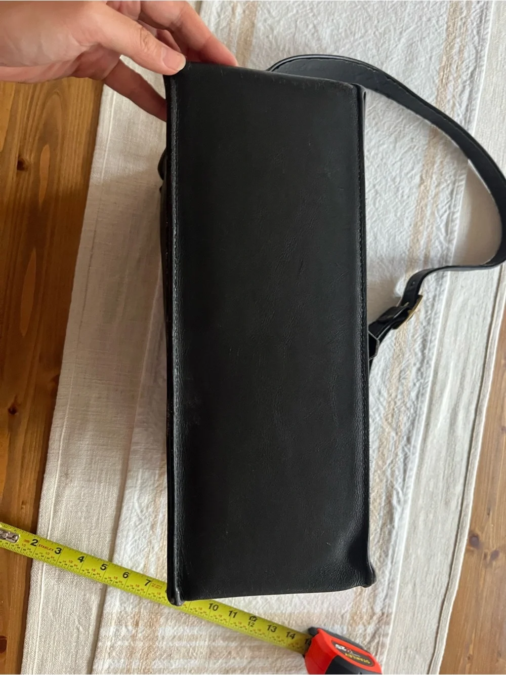 Vintage Black Leather Messenger Shoulder Bag with Gold Buckle